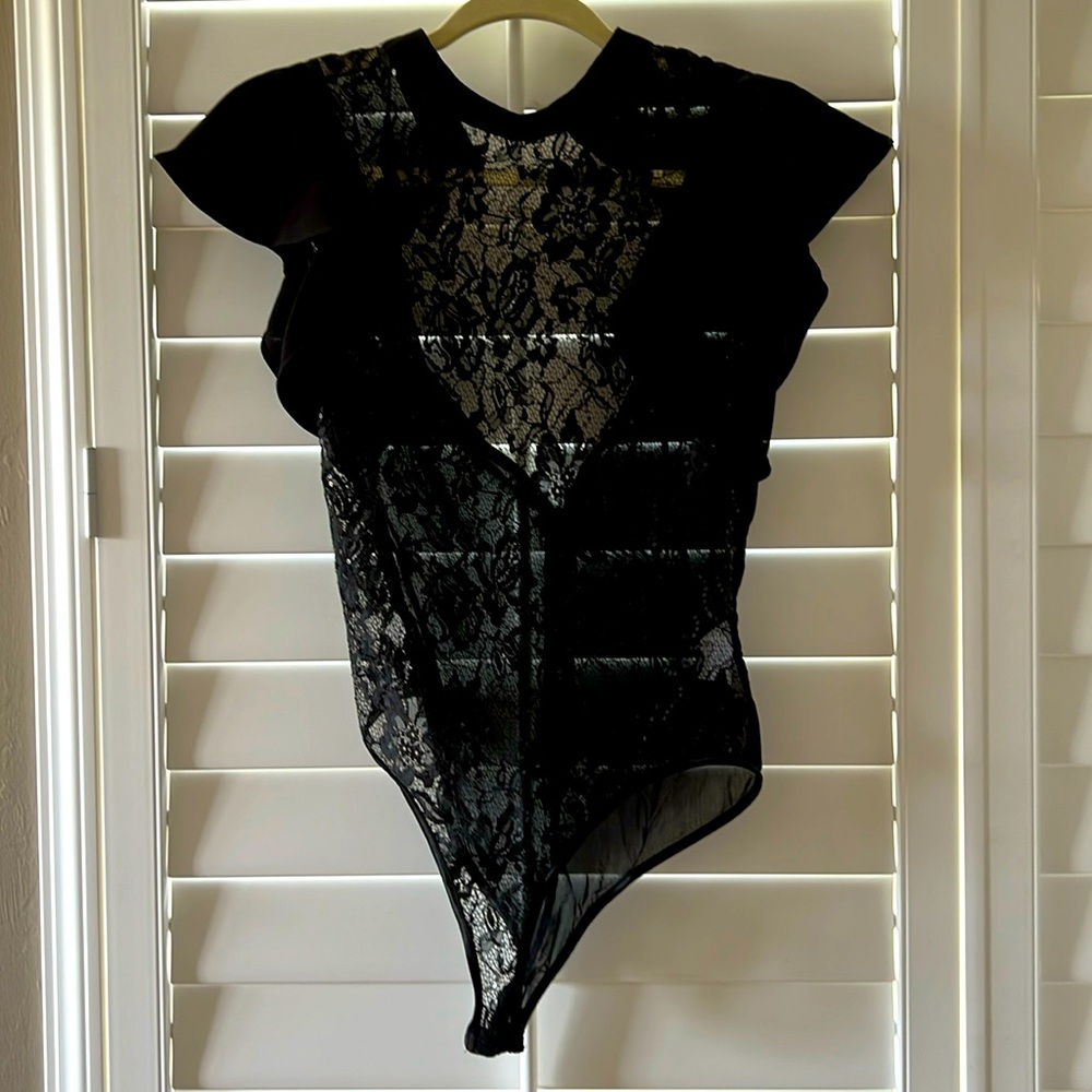 Windsor Black Lace & Sequins Ruffle Sleeve Bodysuit